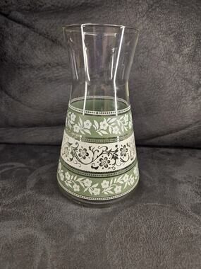 Vintage Mid-Century Glass Juice Carafe Green & White Floral Silver Bands 7.5"